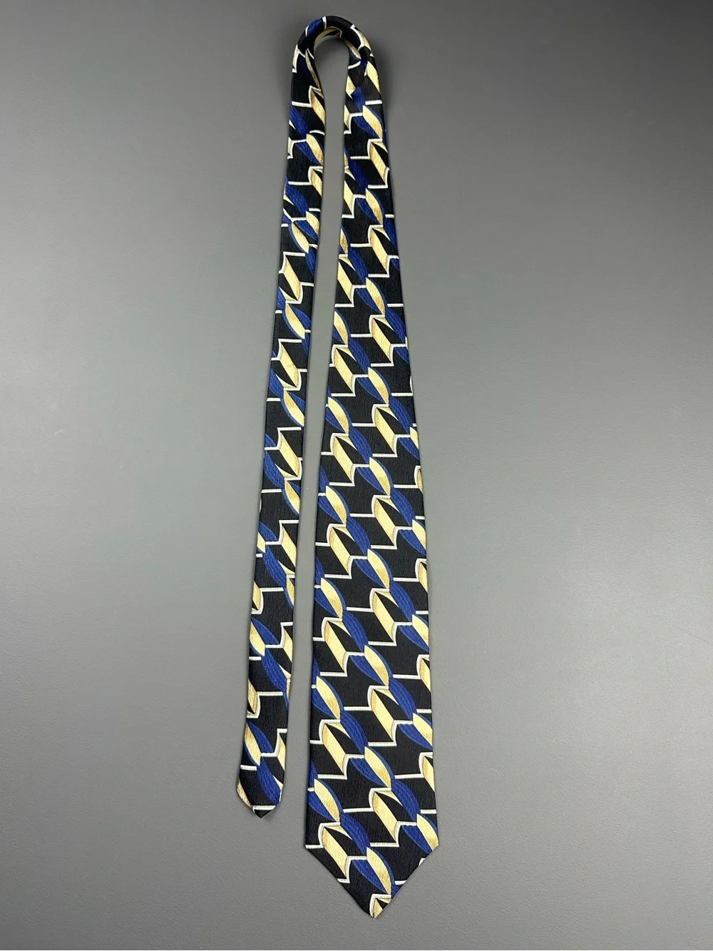 George Machado Designer 100% Silk Tie Blue Gold Black Geometric Made in USA
